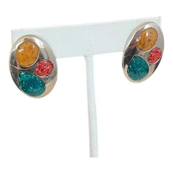 Vintage 1980s Statement Earrings Silver Tone Textured Enamel Pierced - 3G - Picture 6 of 6